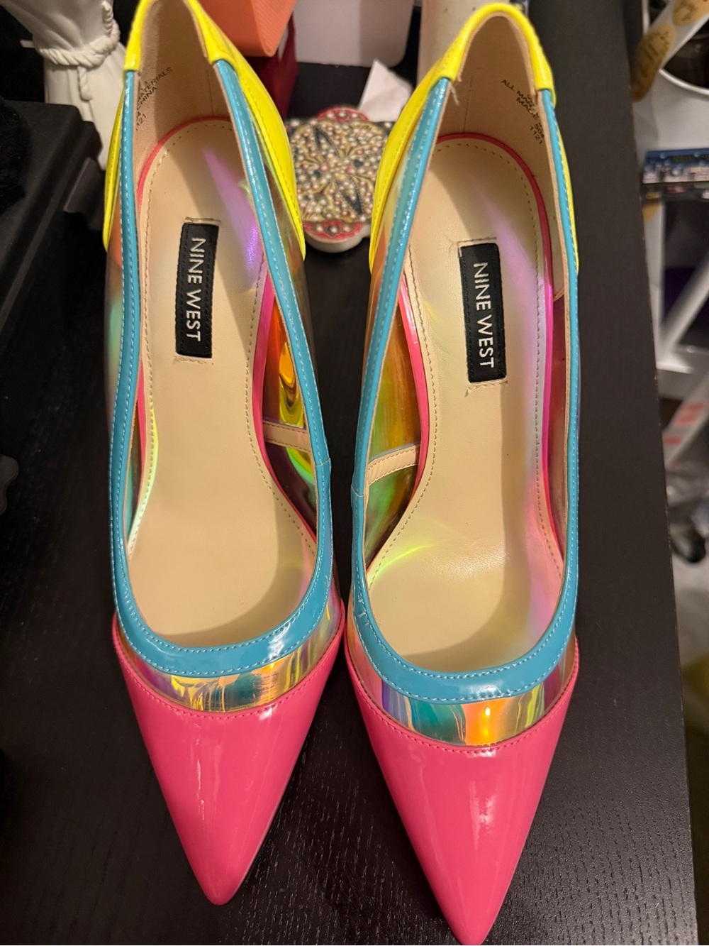 Nine West Pink, Yellow & Blue Patent Pointed Toe Pumps